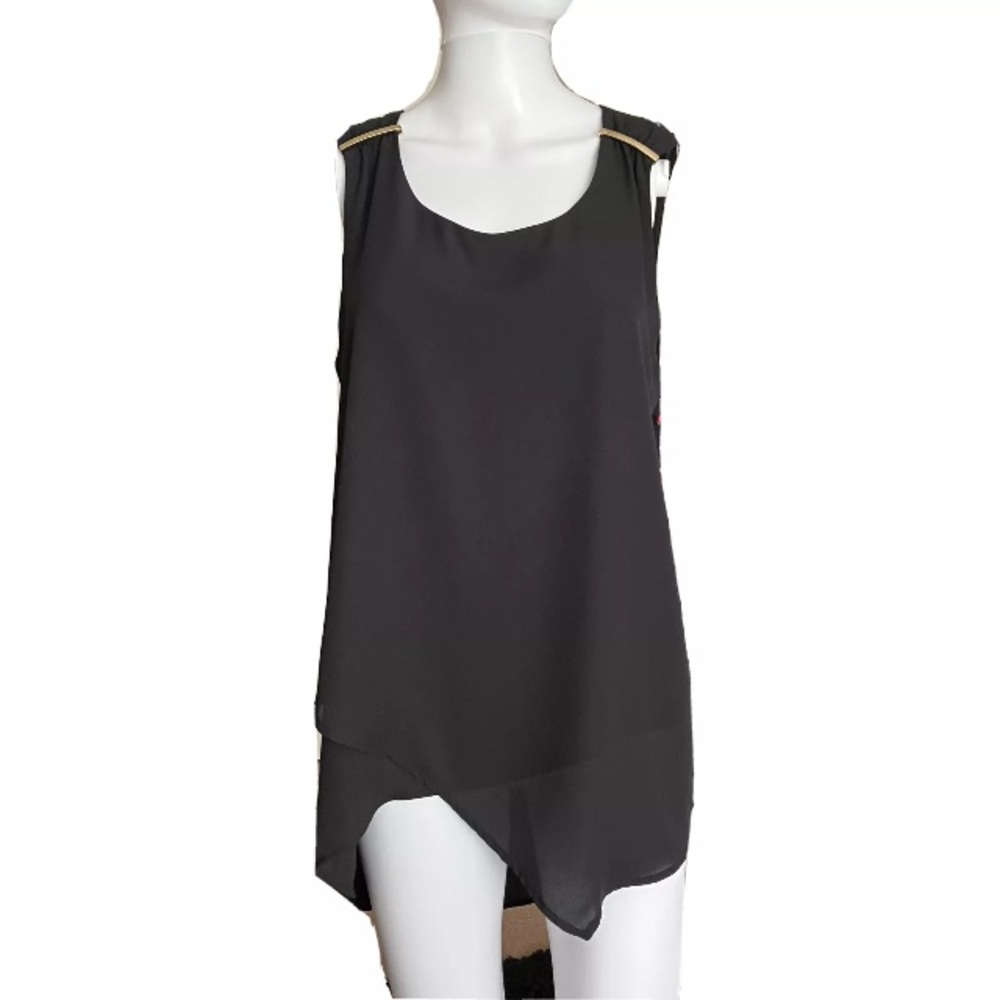 NWT Rafaella Women's Black Asymmetrical Sleeveless Top With Gold Accents Medium